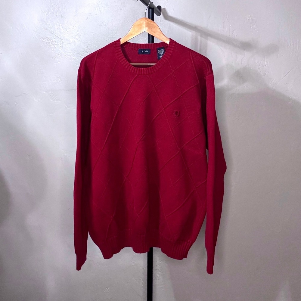 IZOD Mens Red Diamond Textured Knit Cotton Crew Neck Sweater XL 6542